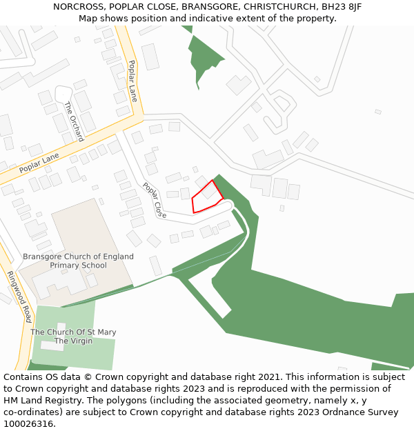 NORCROSS, POPLAR CLOSE, BRANSGORE, CHRISTCHURCH, BH23 8JF: Location map and indicative extent of plot