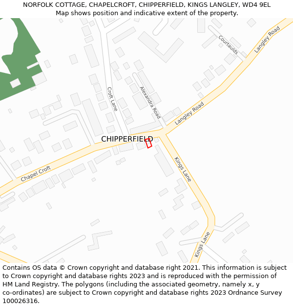 NORFOLK COTTAGE, CHAPELCROFT, CHIPPERFIELD, KINGS LANGLEY, WD4 9EL: Location map and indicative extent of plot