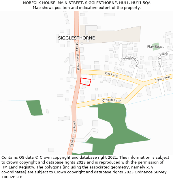 NORFOLK HOUSE, MAIN STREET, SIGGLESTHORNE, HULL, HU11 5QA: Location map and indicative extent of plot