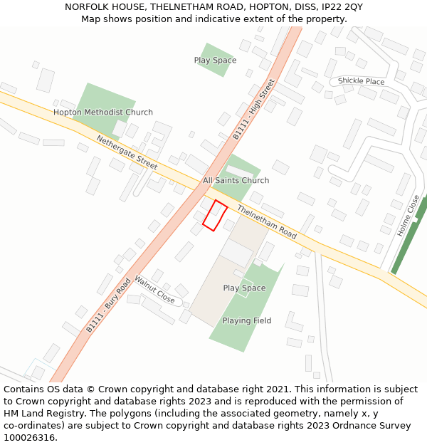 NORFOLK HOUSE, THELNETHAM ROAD, HOPTON, DISS, IP22 2QY: Location map and indicative extent of plot