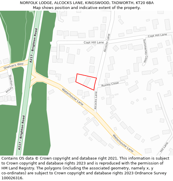 NORFOLK LODGE, ALCOCKS LANE, KINGSWOOD, TADWORTH, KT20 6BA: Location map and indicative extent of plot