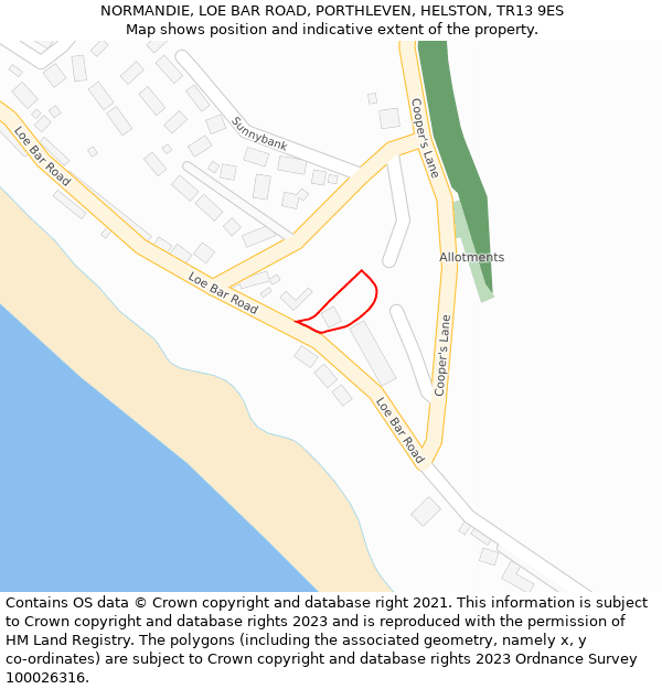 NORMANDIE, LOE BAR ROAD, PORTHLEVEN, HELSTON, TR13 9ES: Location map and indicative extent of plot