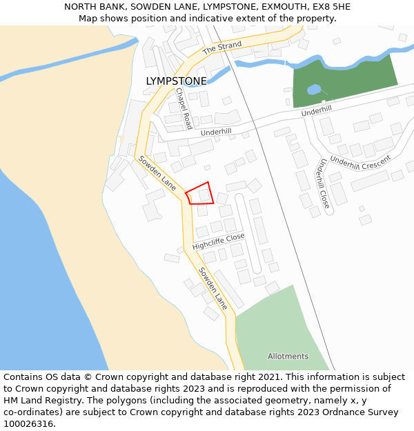 NORTH BANK, SOWDEN LANE, LYMPSTONE, EXMOUTH, EX8 5HE: Location map and indicative extent of plot