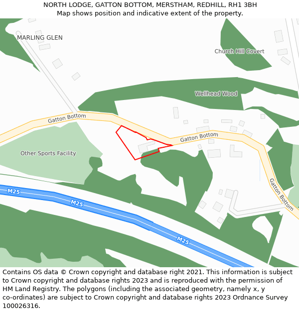 NORTH LODGE, GATTON BOTTOM, MERSTHAM, REDHILL, RH1 3BH: Location map and indicative extent of plot