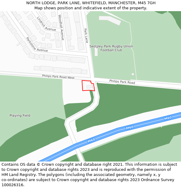 NORTH LODGE, PARK LANE, WHITEFIELD, MANCHESTER, M45 7GH: Location map and indicative extent of plot