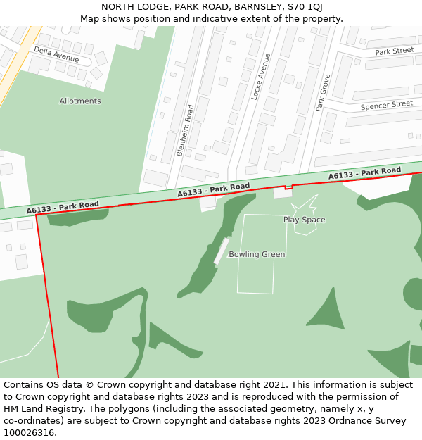 NORTH LODGE, PARK ROAD, BARNSLEY, S70 1QJ: Location map and indicative extent of plot