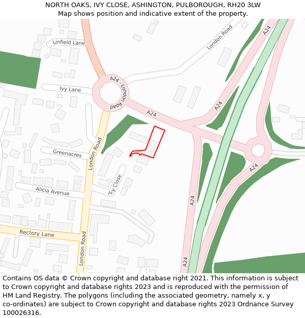 NORTH OAKS, IVY CLOSE, ASHINGTON, PULBOROUGH, RH20 3LW: Location map and indicative extent of plot