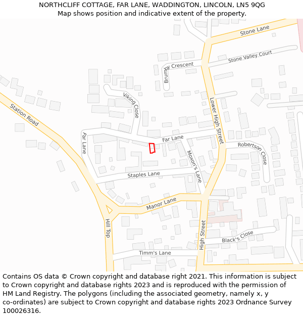 NORTHCLIFF COTTAGE, FAR LANE, WADDINGTON, LINCOLN, LN5 9QG: Location map and indicative extent of plot