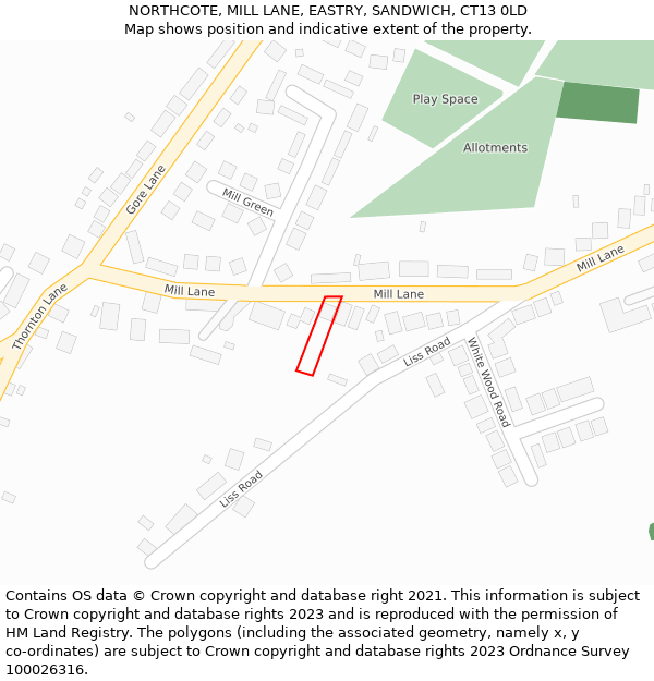 NORTHCOTE, MILL LANE, EASTRY, SANDWICH, CT13 0LD: Location map and indicative extent of plot