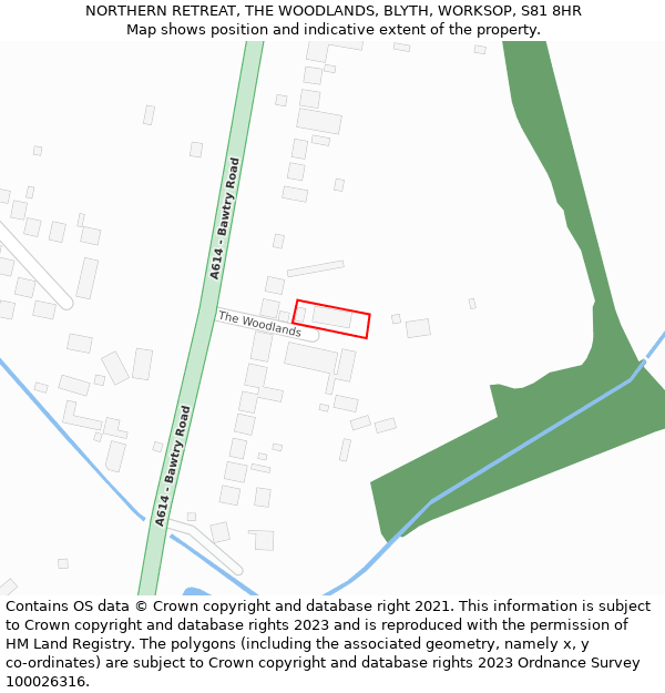 NORTHERN RETREAT, THE WOODLANDS, BLYTH, WORKSOP, S81 8HR: Location map and indicative extent of plot