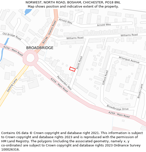 NORWEST, NORTH ROAD, BOSHAM, CHICHESTER, PO18 8NL: Location map and indicative extent of plot