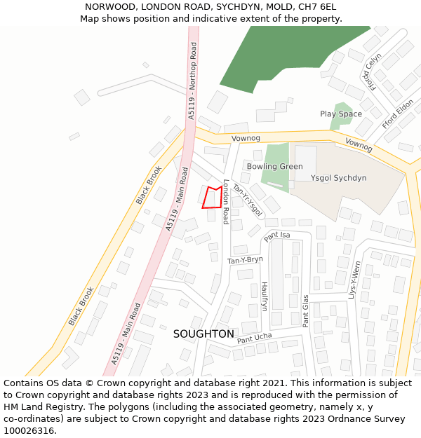 NORWOOD, LONDON ROAD, SYCHDYN, MOLD, CH7 6EL: Location map and indicative extent of plot