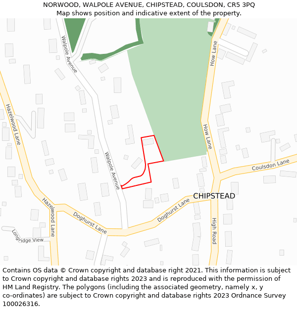 NORWOOD, WALPOLE AVENUE, CHIPSTEAD, COULSDON, CR5 3PQ: Location map and indicative extent of plot