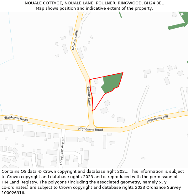 NOUALE COTTAGE, NOUALE LANE, POULNER, RINGWOOD, BH24 3EL: Location map and indicative extent of plot