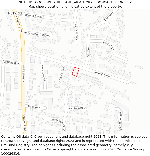 NUTFUD LODGE, WHIPHILL LANE, ARMTHORPE, DONCASTER, DN3 3JP: Location map and indicative extent of plot