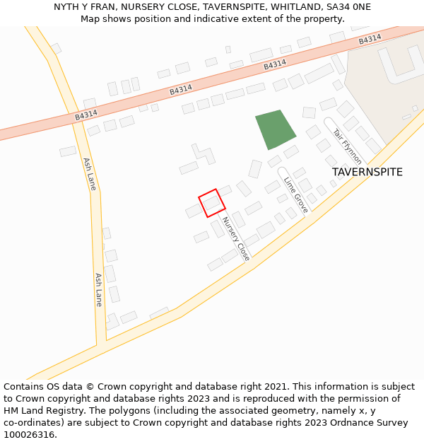 NYTH Y FRAN, NURSERY CLOSE, TAVERNSPITE, WHITLAND, SA34 0NE: Location map and indicative extent of plot