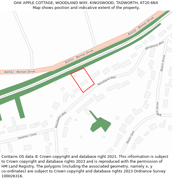 OAK APPLE COTTAGE, WOODLAND WAY, KINGSWOOD, TADWORTH, KT20 6NX: Location map and indicative extent of plot