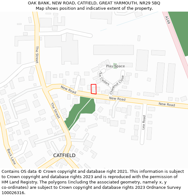 OAK BANK, NEW ROAD, CATFIELD, GREAT YARMOUTH, NR29 5BQ: Location map and indicative extent of plot