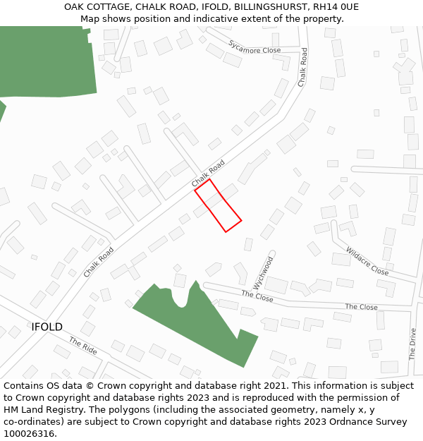 OAK COTTAGE, CHALK ROAD, IFOLD, BILLINGSHURST, RH14 0UE: Location map and indicative extent of plot