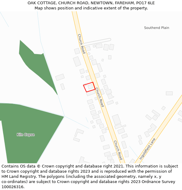 OAK COTTAGE, CHURCH ROAD, NEWTOWN, FAREHAM, PO17 6LE: Location map and indicative extent of plot