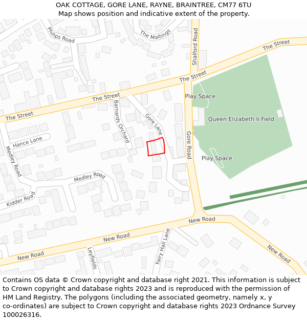 OAK COTTAGE, GORE LANE, RAYNE, BRAINTREE, CM77 6TU: Location map and indicative extent of plot
