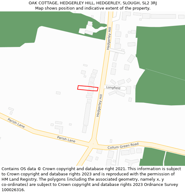 OAK COTTAGE, HEDGERLEY HILL, HEDGERLEY, SLOUGH, SL2 3RJ: Location map and indicative extent of plot