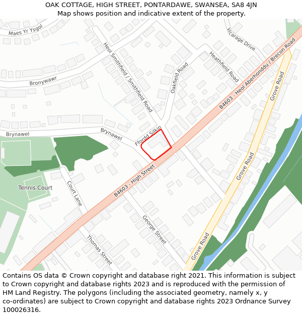 OAK COTTAGE, HIGH STREET, PONTARDAWE, SWANSEA, SA8 4JN: Location map and indicative extent of plot