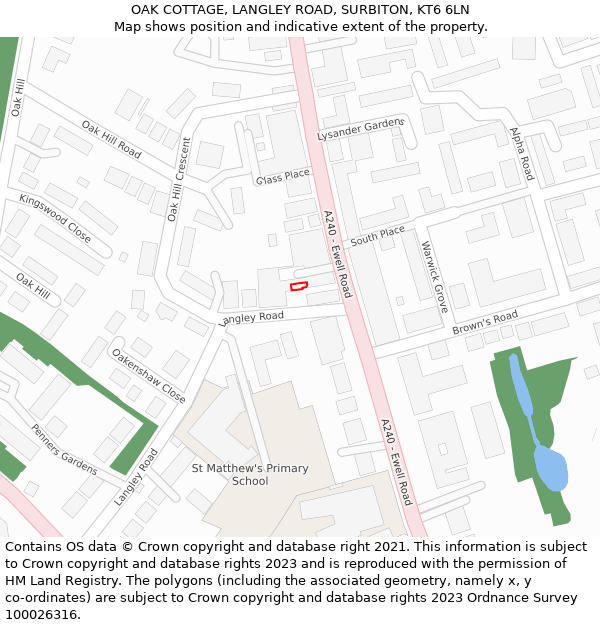 OAK COTTAGE, LANGLEY ROAD, SURBITON, KT6 6LN: Location map and indicative extent of plot