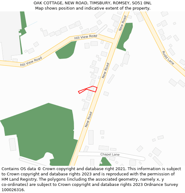 OAK COTTAGE, NEW ROAD, TIMSBURY, ROMSEY, SO51 0NL: Location map and indicative extent of plot