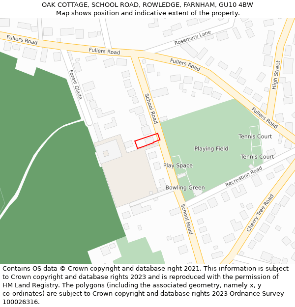 OAK COTTAGE, SCHOOL ROAD, ROWLEDGE, FARNHAM, GU10 4BW: Location map and indicative extent of plot