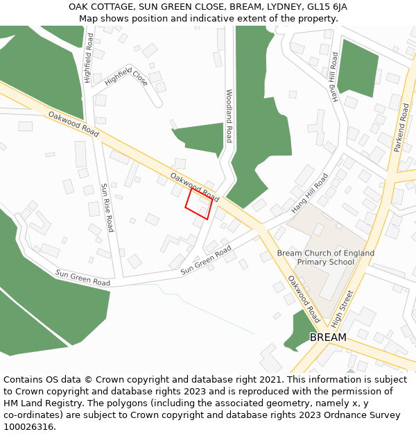 OAK COTTAGE, SUN GREEN CLOSE, BREAM, LYDNEY, GL15 6JA: Location map and indicative extent of plot