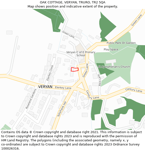OAK COTTAGE, VERYAN, TRURO, TR2 5QA: Location map and indicative extent of plot