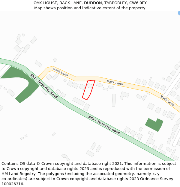 OAK HOUSE, BACK LANE, DUDDON, TARPORLEY, CW6 0EY: Location map and indicative extent of plot