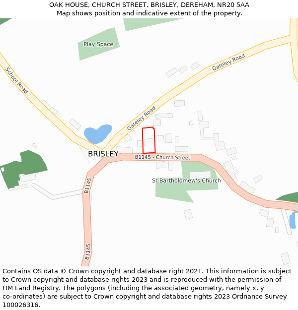 OAK HOUSE, CHURCH STREET, BRISLEY, DEREHAM, NR20 5AA: Location map and indicative extent of plot