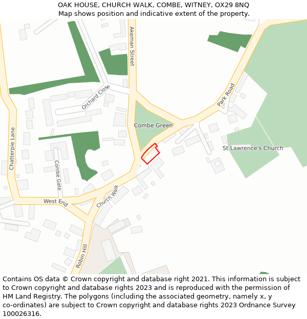 OAK HOUSE, CHURCH WALK, COMBE, WITNEY, OX29 8NQ: Location map and indicative extent of plot