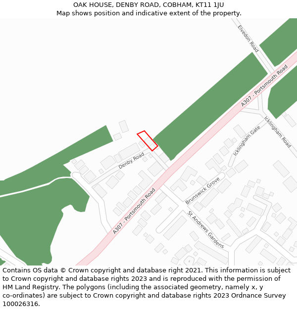 OAK HOUSE, DENBY ROAD, COBHAM, KT11 1JU: Location map and indicative extent of plot