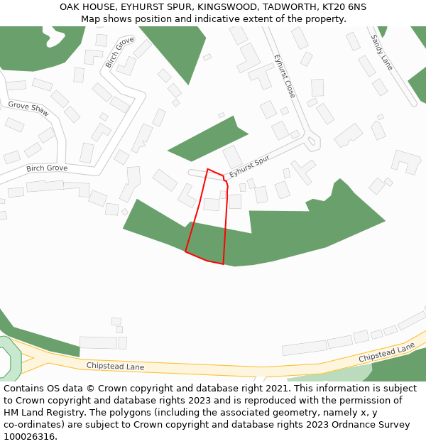 OAK HOUSE, EYHURST SPUR, KINGSWOOD, TADWORTH, KT20 6NS: Location map and indicative extent of plot