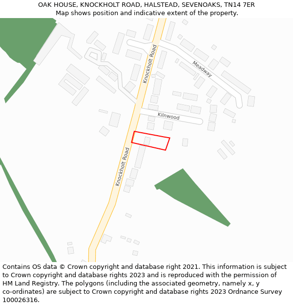 OAK HOUSE, KNOCKHOLT ROAD, HALSTEAD, SEVENOAKS, TN14 7ER: Location map and indicative extent of plot
