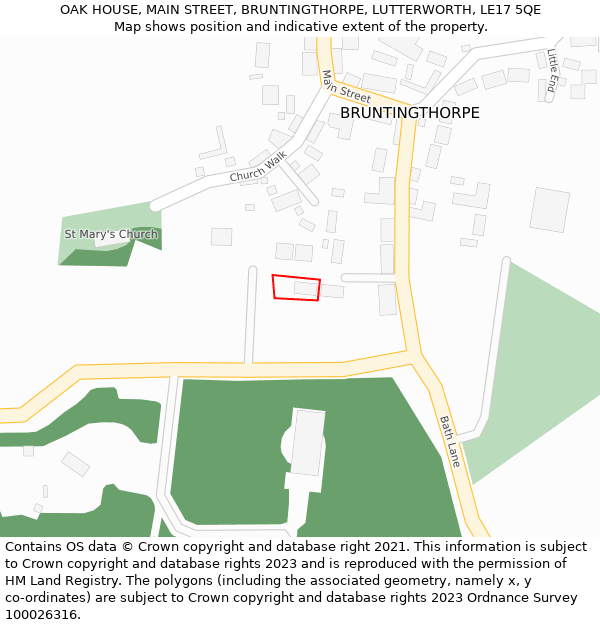 OAK HOUSE, MAIN STREET, BRUNTINGTHORPE, LUTTERWORTH, LE17 5QE: Location map and indicative extent of plot