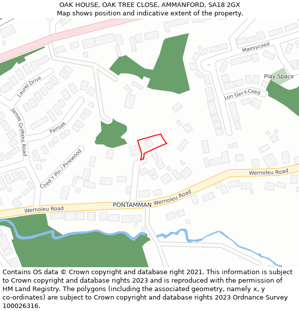 OAK HOUSE, OAK TREE CLOSE, AMMANFORD, SA18 2GX: Location map and indicative extent of plot