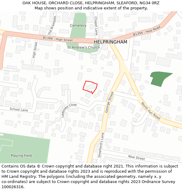 OAK HOUSE, ORCHARD CLOSE, HELPRINGHAM, SLEAFORD, NG34 0RZ: Location map and indicative extent of plot