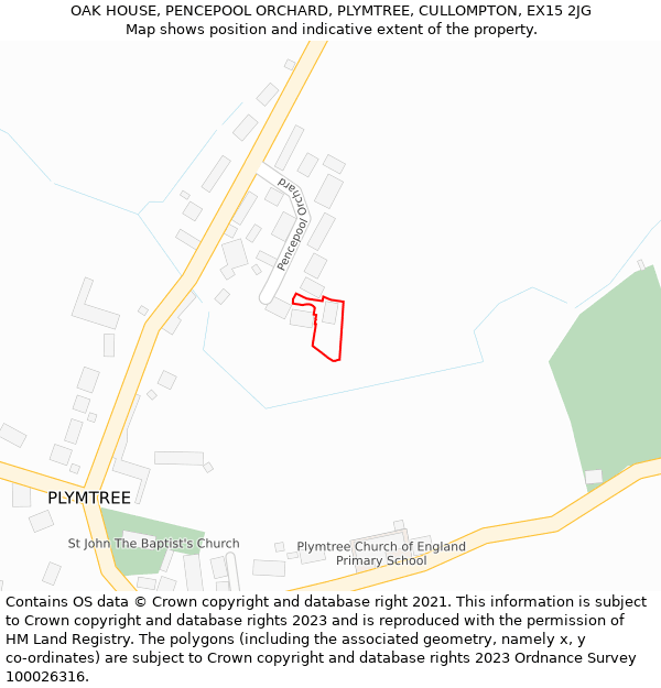 OAK HOUSE, PENCEPOOL ORCHARD, PLYMTREE, CULLOMPTON, EX15 2JG: Location map and indicative extent of plot