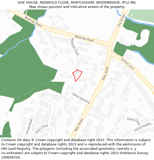 OAK HOUSE, REDWOLD CLOSE, MARTLESHAM, WOODBRIDGE, IP12 4RL: Location map and indicative extent of plot
