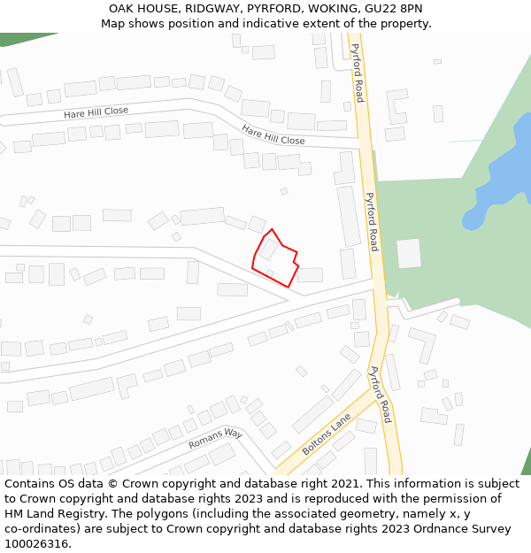 OAK HOUSE, RIDGWAY, PYRFORD, WOKING, GU22 8PN: Location map and indicative extent of plot