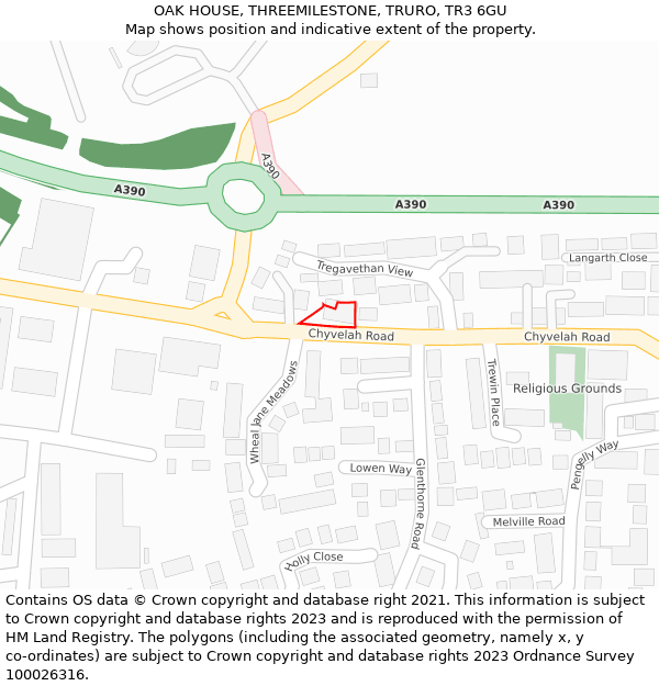 OAK HOUSE, THREEMILESTONE, TRURO, TR3 6GU: Location map and indicative extent of plot