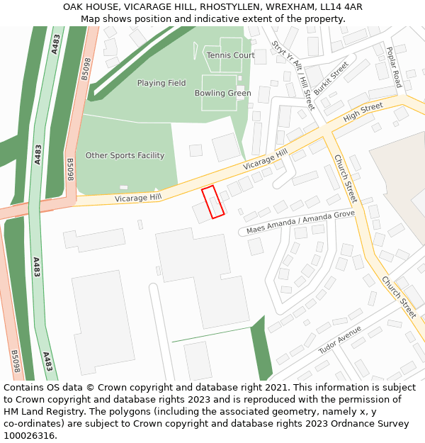 OAK HOUSE, VICARAGE HILL, RHOSTYLLEN, WREXHAM, LL14 4AR: Location map and indicative extent of plot