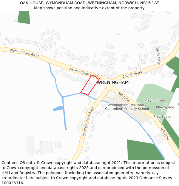 OAK HOUSE, WYMONDHAM ROAD, WRENINGHAM, NORWICH, NR16 1AT: Location map and indicative extent of plot