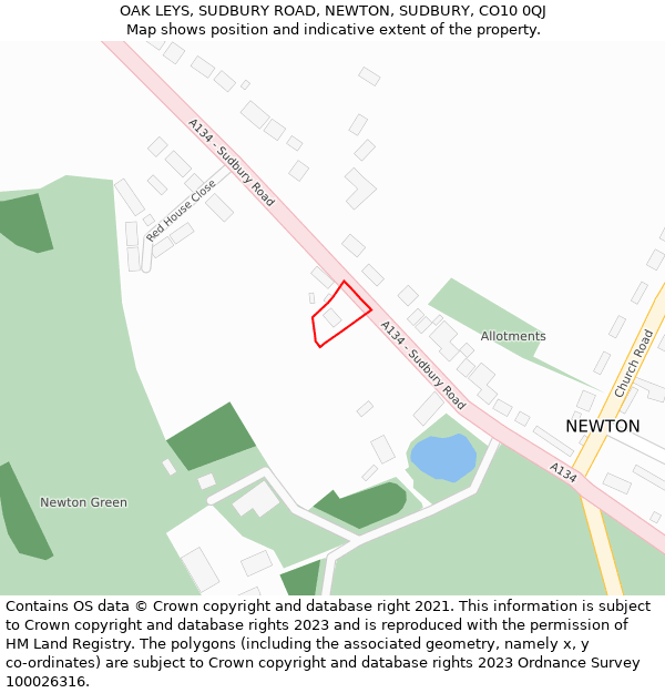 OAK LEYS, SUDBURY ROAD, NEWTON, SUDBURY, CO10 0QJ: Location map and indicative extent of plot