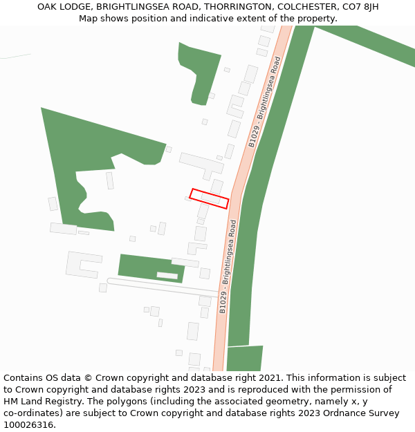 OAK LODGE, BRIGHTLINGSEA ROAD, THORRINGTON, COLCHESTER, CO7 8JH: Location map and indicative extent of plot