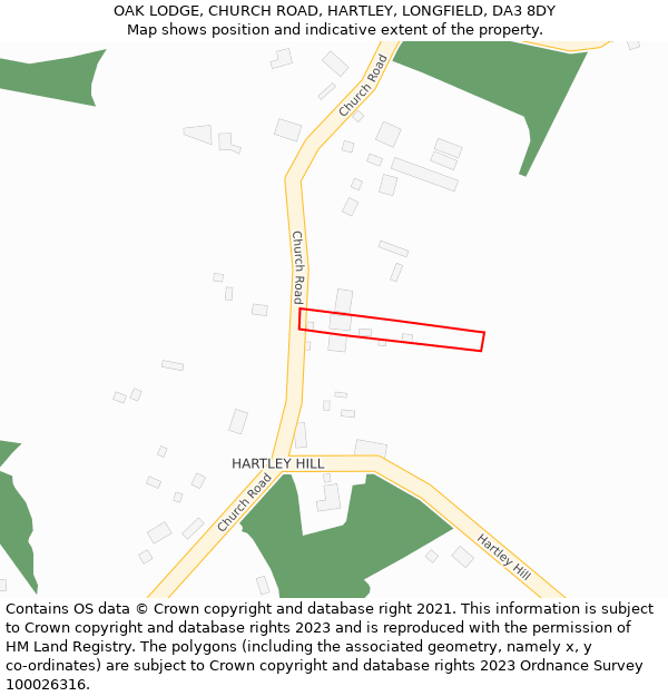 OAK LODGE, CHURCH ROAD, HARTLEY, LONGFIELD, DA3 8DY: Location map and indicative extent of plot